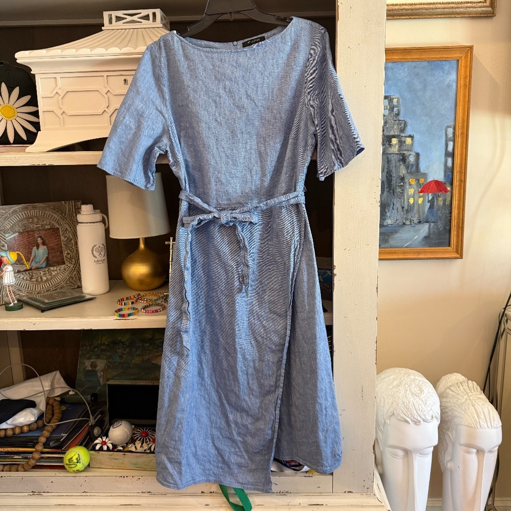 St. John sz 10 Linen blend midi dress boatneck belted - Picture 2 of 5